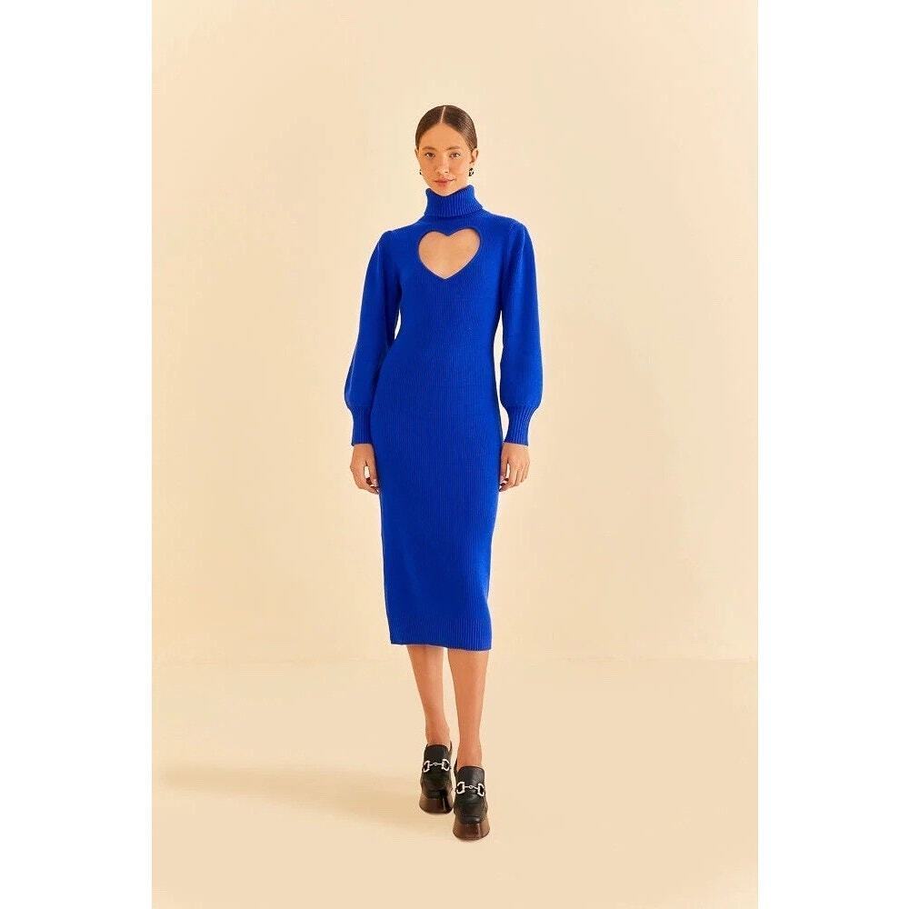 Farm Rio Bright Blue Ribbed Knit Heart Cutout‎ Turtleneck Sweater Midi Dress NEW - Picture 3 of 16